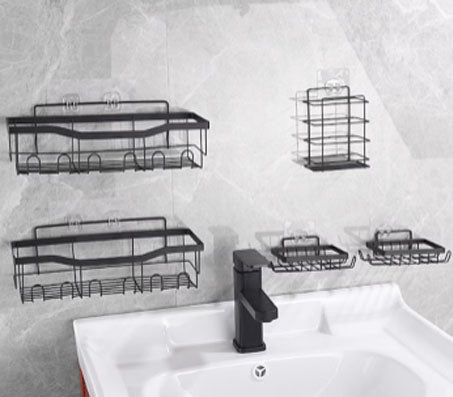 Set raft baie, cu carlige, suporturi pentru sapun, usor de instalat pe perete, fara gaurire, 4 piese