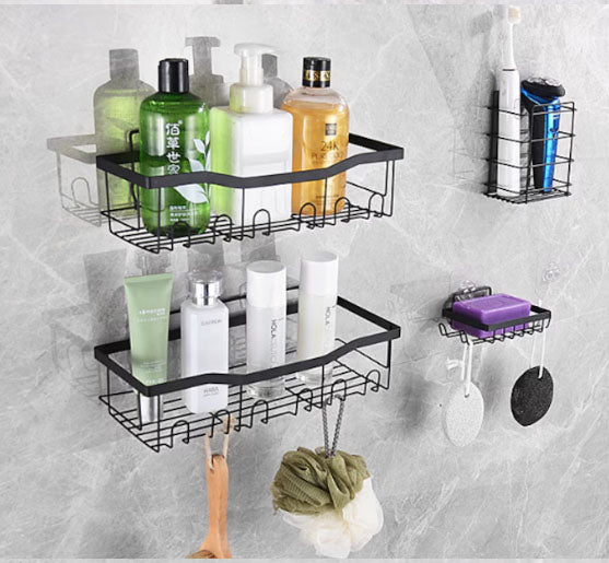 Set raft baie, cu carlige, suporturi pentru sapun, usor de instalat pe perete, fara gaurire, 4 piese