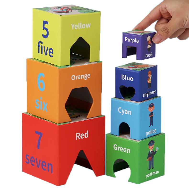 Set 7 cuburi educative, din carton, turn de construit, forme geometrice, numere, meserii, multicolor