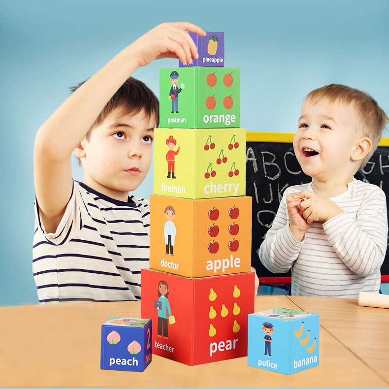 Set 7 cuburi educative, din carton, turn de construit, forme geometrice, numere, meserii, multicolor