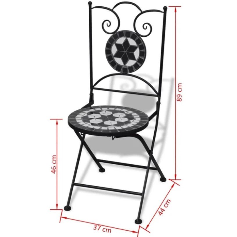 Set bistro, set masa si scaune, 2 scaune, mozaic, cadru de fier, pliabile, pentru interior/exterior, terasa/gradina, alb negru - BUZ.RO