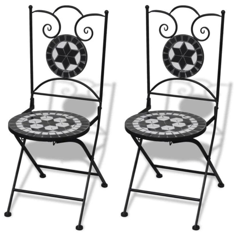 Set bistro, set masa si scaune, 2 scaune, mozaic, cadru de fier, pliabile, pentru interior/exterior, terasa/gradina, alb negru - BUZ.RO