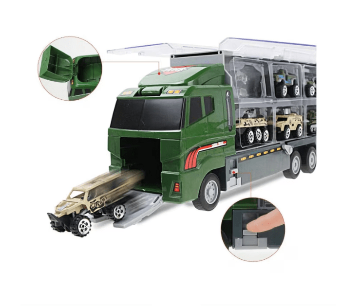 Set camion trailer de jucarie pentru transport , 7 piese, ambulanta, pompieri, , interactiva , red - BUZ.RO