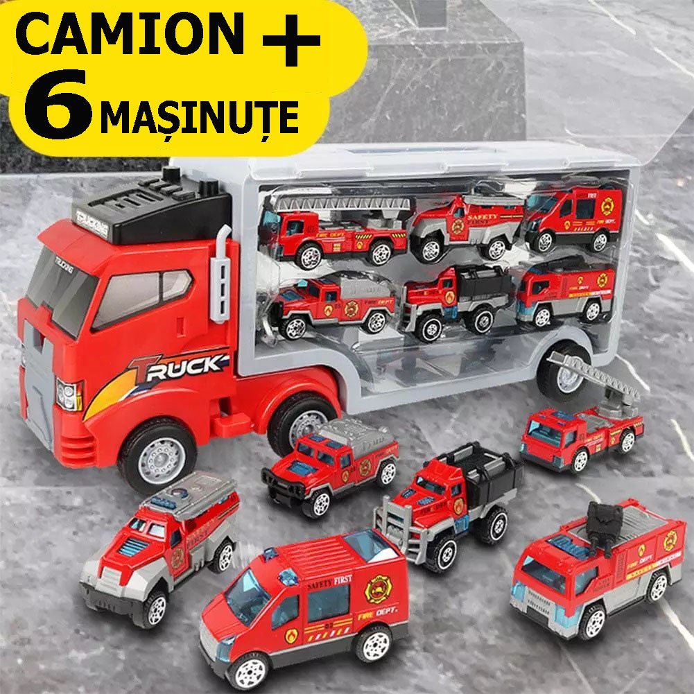 Set camion trailer de jucarie pentru transport , 7 piese, ambulanta, pompieri, , interactiva , red - BUZ.RO