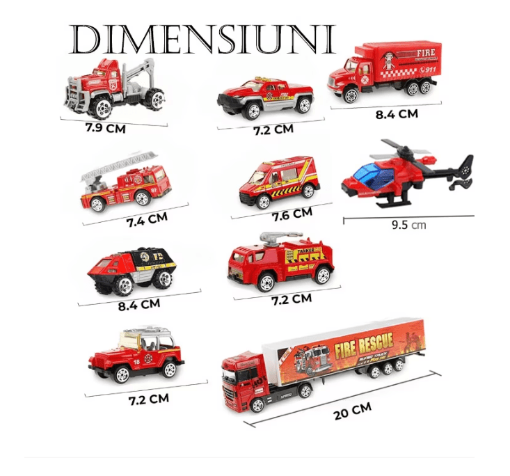 Set camion trailer de jucarie pentru transport , 7 piese, ambulanta, pompieri, , interactiva , red - BUZ.RO