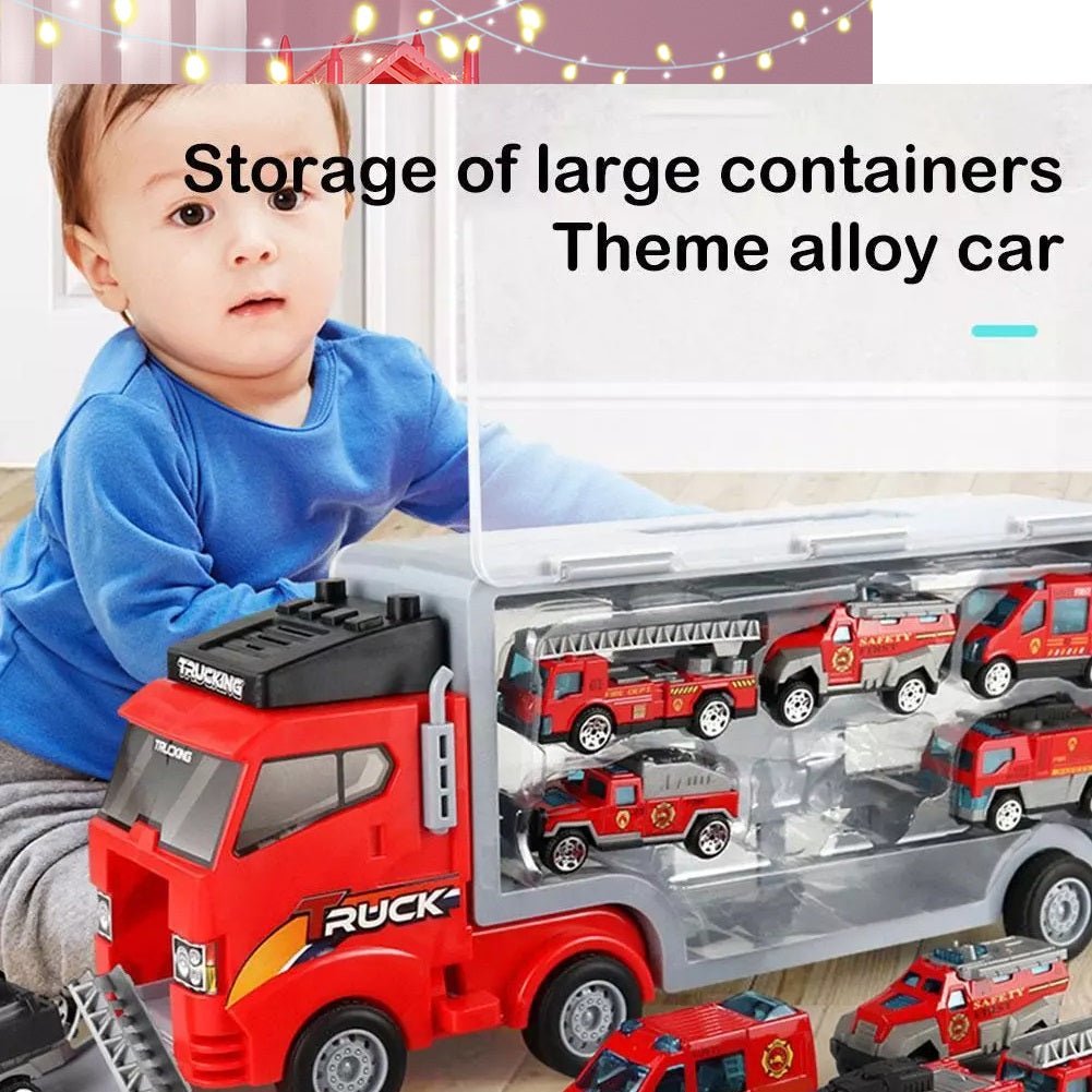 Set camion trailer de jucarie pentru transport , 7 piese, ambulanta, pompieri, , interactiva , red - BUZ.RO