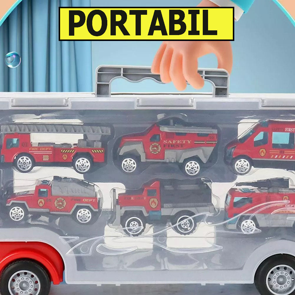 Set camion trailer de jucarie pentru transport , 7 piese, ambulanta, pompieri, , interactiva , red