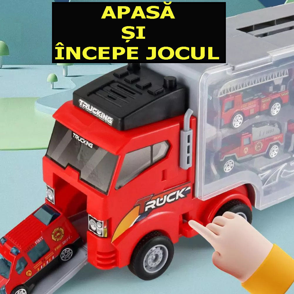 Set camion trailer de jucarie pentru transport , 7 piese, ambulanta, pompieri, , interactiva , red