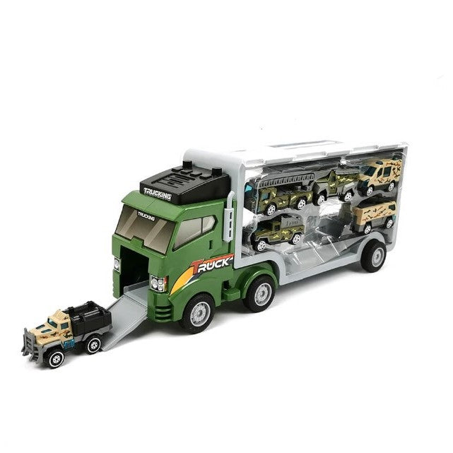 Set camion trailer de jucarie pentru transport , 7 piese, ambulanta, pompieri, , interactiva , red