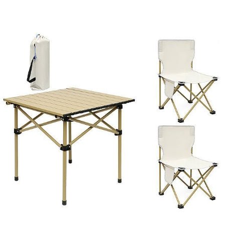 Set camping cu masa si 2 scaune pliabile, cu geanta de transport, aluminiu, aurie, 53x51x50 cm - BUZ.RO