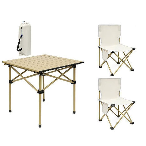Set camping cu masa si 2 scaune pliabile, cu geanta de transport, aluminiu, aurie, 53x51x50 cm