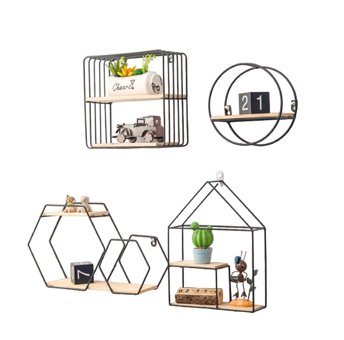 Set de etajere decorative, cu suport lemn, din metal, negru