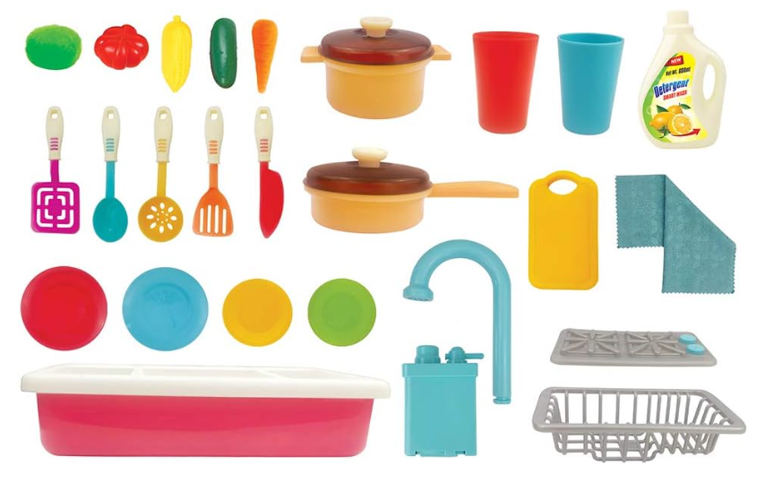 Set de joaca, chiuveta bucatarie, cu robinet, vase, ustensile, pentru copii