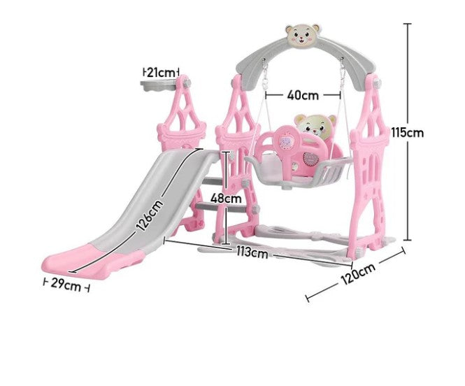 Set de joaca cu leagan detasabil ,tobogan si cos de baschet cu minge interior/exterior, roz roz