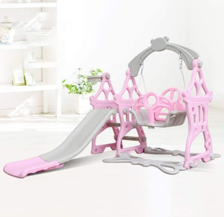 Set de joaca cu leagan detasabil ,tobogan si cos de baschet cu minge interior/exterior, roz roz