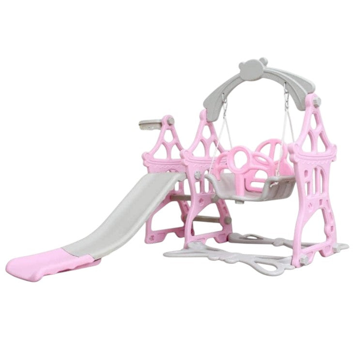 Set de joaca cu leagan detasabil ,tobogan si cos de baschet cu minge interior/exterior, roz roz