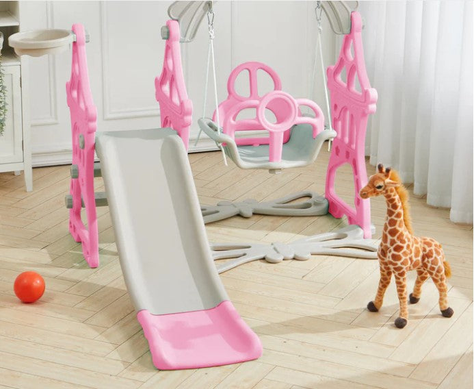 Set de joaca cu leagan detasabil ,tobogan si cos de baschet cu minge interior/exterior, roz roz