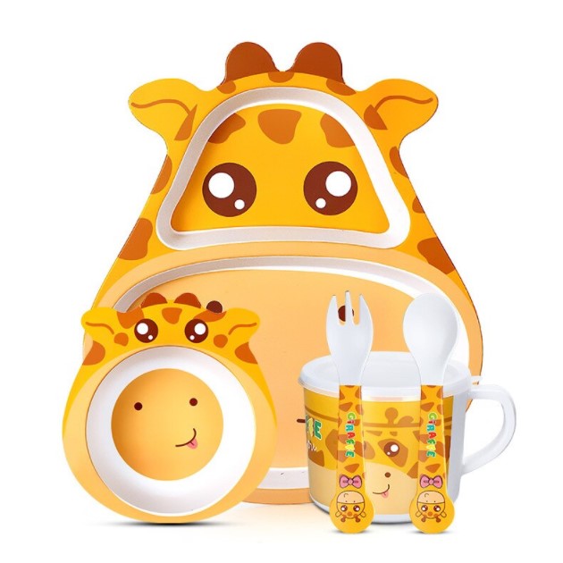 Set de masa din fibra de bambus, pentru copii, farfurie 2 compartimente, cana, bol, furculita si lingurita, girafa