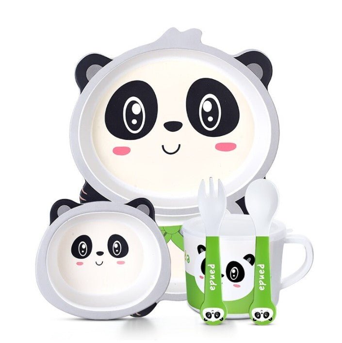 Set de masa din fibra de bambus, pentru copii, farfurie 2 compartimente, cana, bol, furculita si lingurita, Panda - BUZ.RO