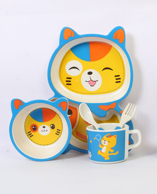 Set de masa pentru copii, farfurie 2 compartimente, cana, bol, furculita si lingurita, forma pisicuta, din fibra de bambus