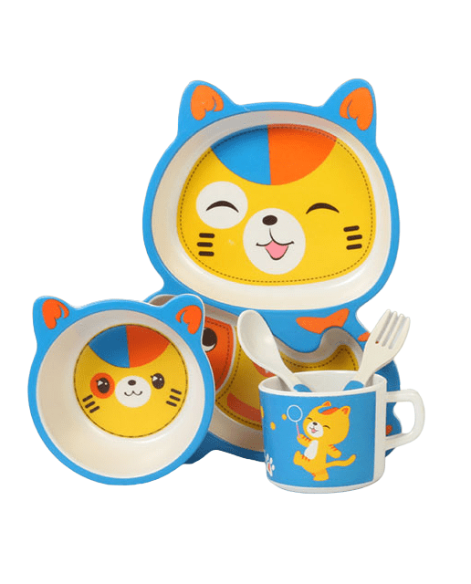 Set de masa pentru copii, farfurie 2 compartimente, cana, bol, furculita si lingurita, forma pisicuta, din fibra de bambus - BUZ.RO