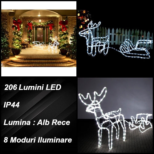 Set decoratiune ren cu sanie, pentru craciun, luminosi, pentru interior sau exterior 206 leduri, lumina alb rece