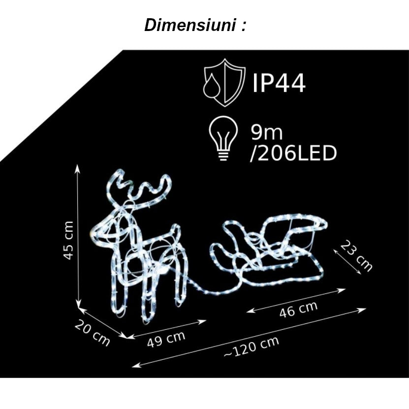 Set decoratiune ren cu sanie, pentru craciun, luminosi, pentru interior sau exterior 206 leduri, lumina alb rece