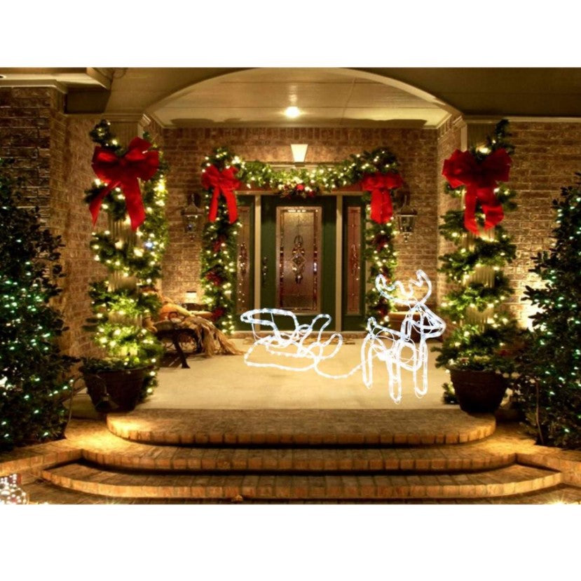 Set decoratiune ren cu sanie, pentru craciun, luminosi, pentru interior sau exterior 206 leduri, lumina alb rece