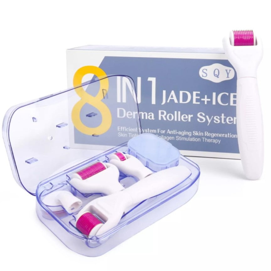 Set dermaroller 8 în 1 cu ace din titan și rolă de jad – tratament facial complet pentru regenerare, reducerea ridurilor, cicatricilor și revitalizarea pielii.