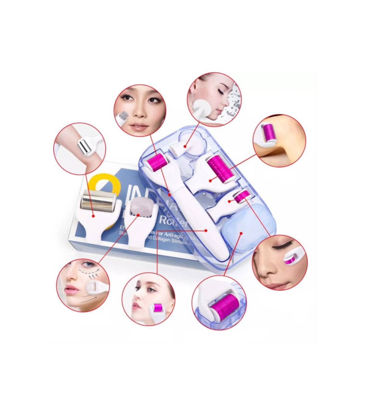 Set dermaroller 8 în 1 cu ace din titan și rolă de jad – tratament facial complet pentru regenerare, reducerea ridurilor, cicatricilor și revitalizarea pielii.