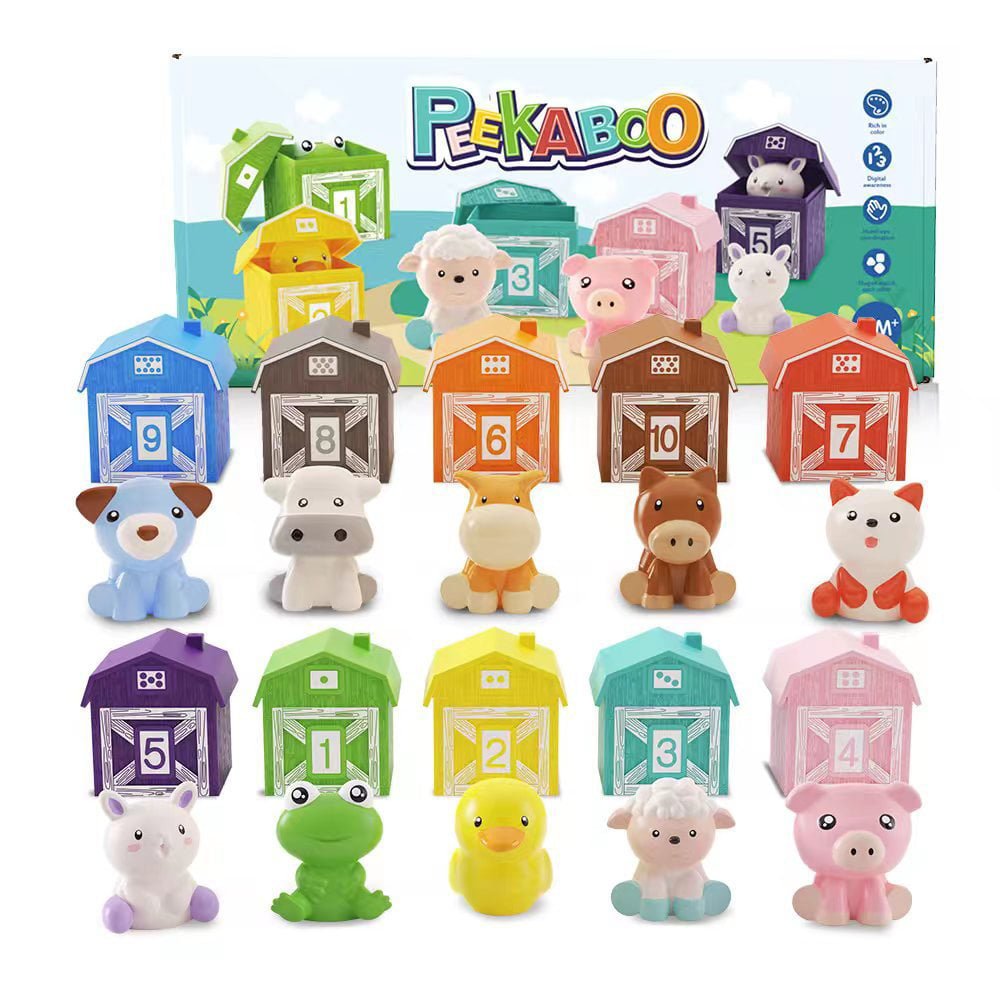 Set educativ, jocuri copii, montessori, ordonat si sortat, joc de - a v - ati ascunselea, cu animalutele de la ferma - BUZ.RO