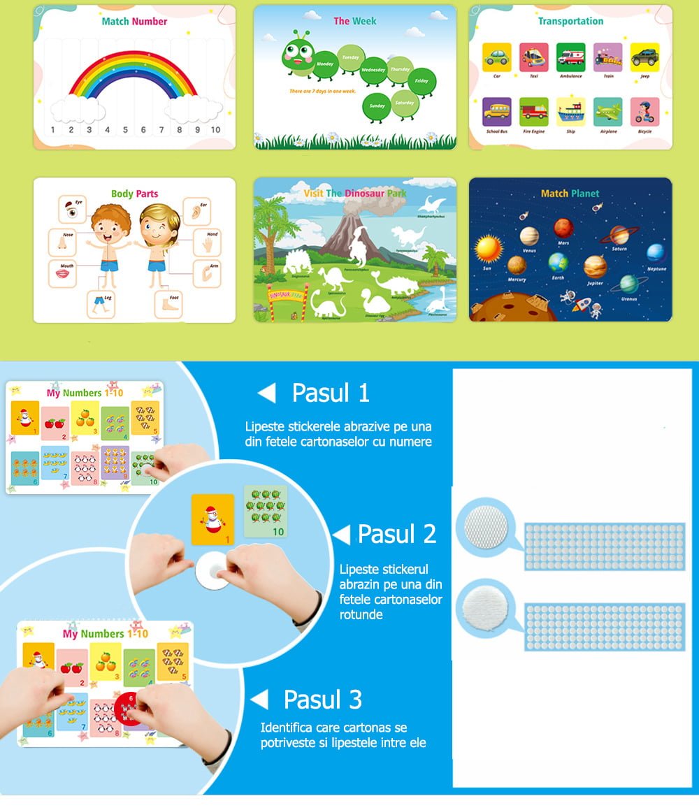 Set educativ Montessori, carte activitati prescolare, pentru copii, autocolante, markere, 3 ani+ - BUZ.RO