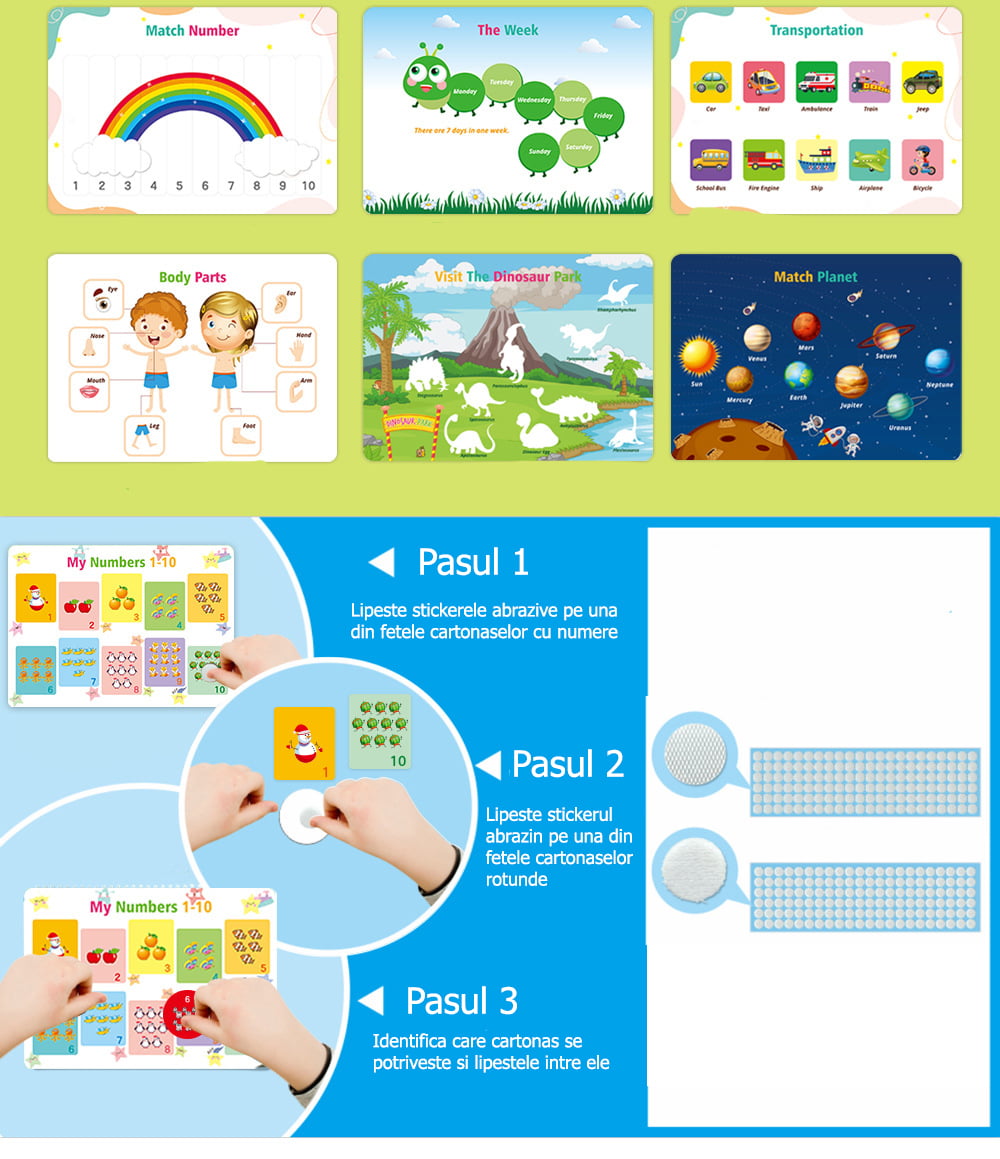 Set educativ Montessori, carte activitati prescolare, pentru copii, autocolante,  markere, 3 ani+