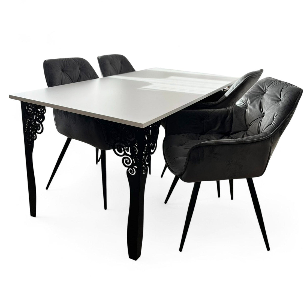 Set masa cu scaune bucatarie, dining, living, sufragerie, blat alb cu picioare metalice negre, scaune husa catifea gri, 6 persoane, Iasmina - BUZ.RO