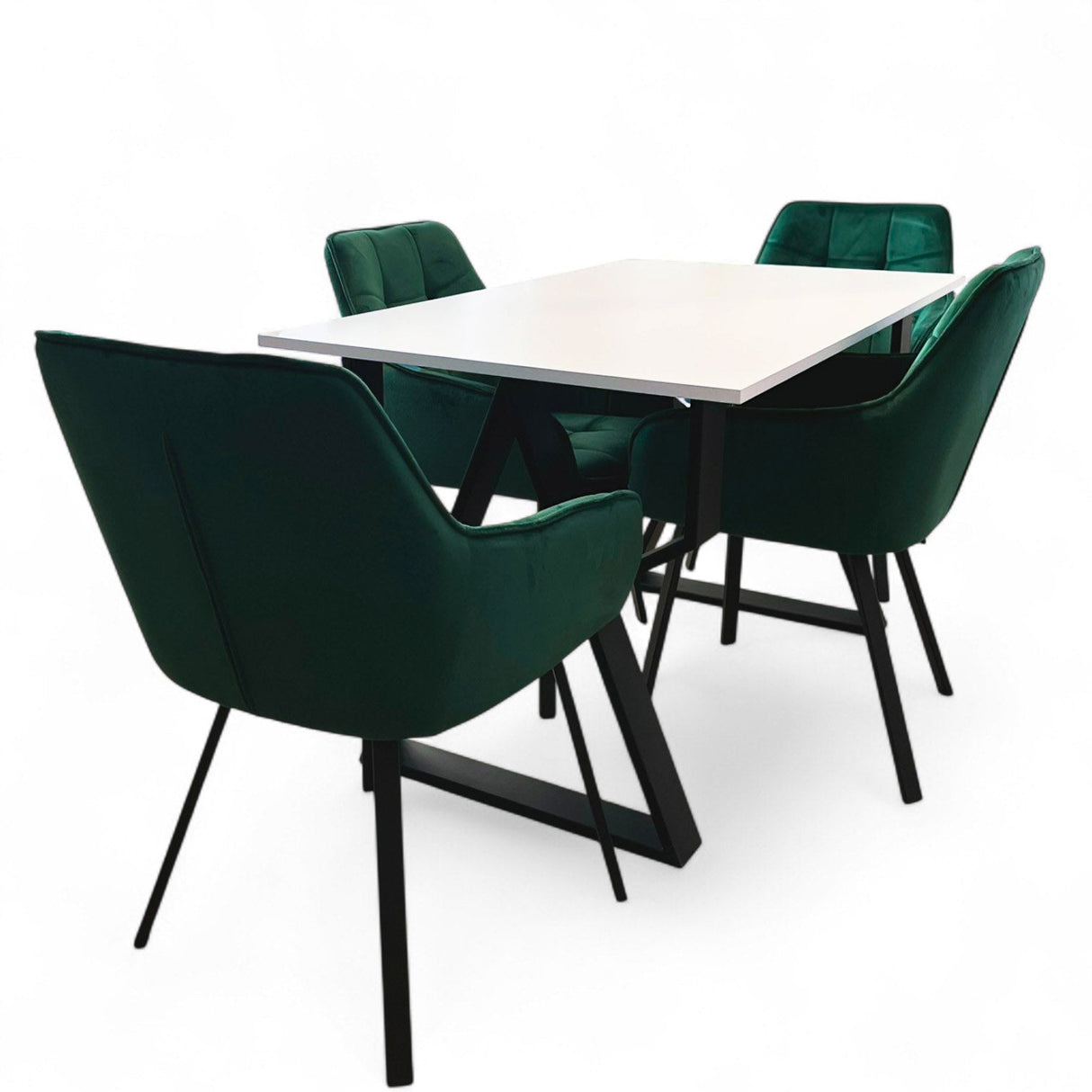 Set masa cu scaune bucatarie, dining, living, sufragerie, blat alb cu picioare metalice, scaune husa catifea verde, 4 persoane, ADELA - BUZ.RO