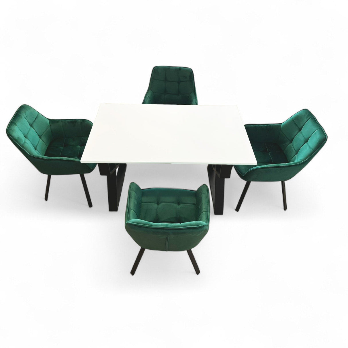 Set masa cu scaune bucatarie, dining, living, sufragerie, blat alb cu picioare metalice, scaune husa catifea verde, 4 persoane, ADELA - BUZ.RO