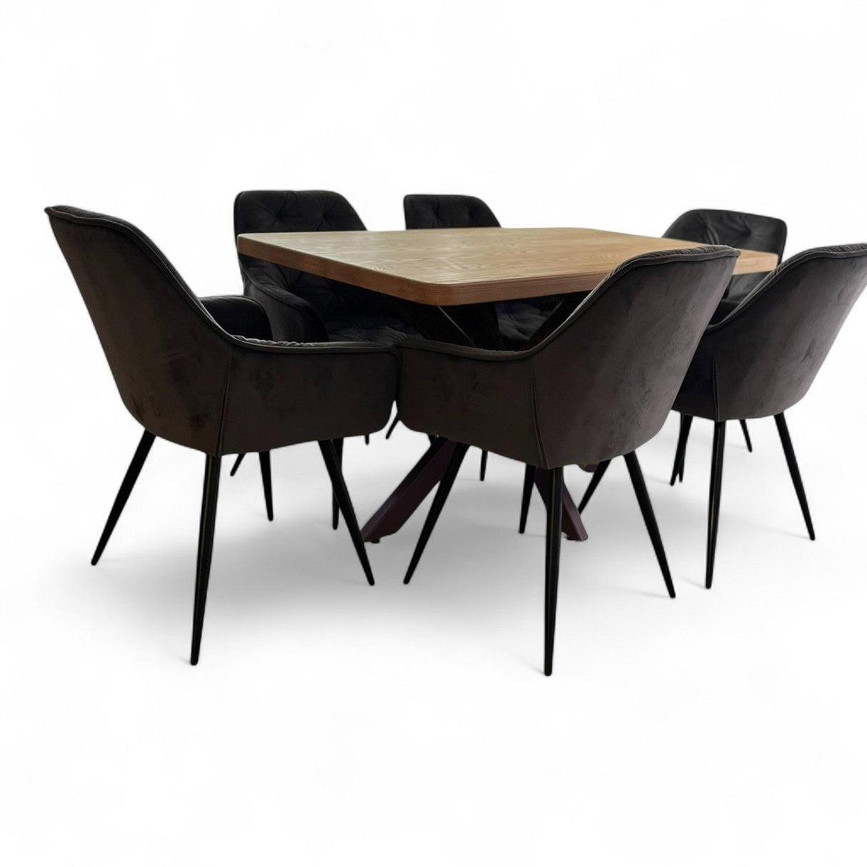 Set masa cu scaune bucatarie, dining, living, sufragerie, blat din lemn cu picioare metalice, scaune husa catifea gri, 4 persoane, Lavinia - BUZ.RO