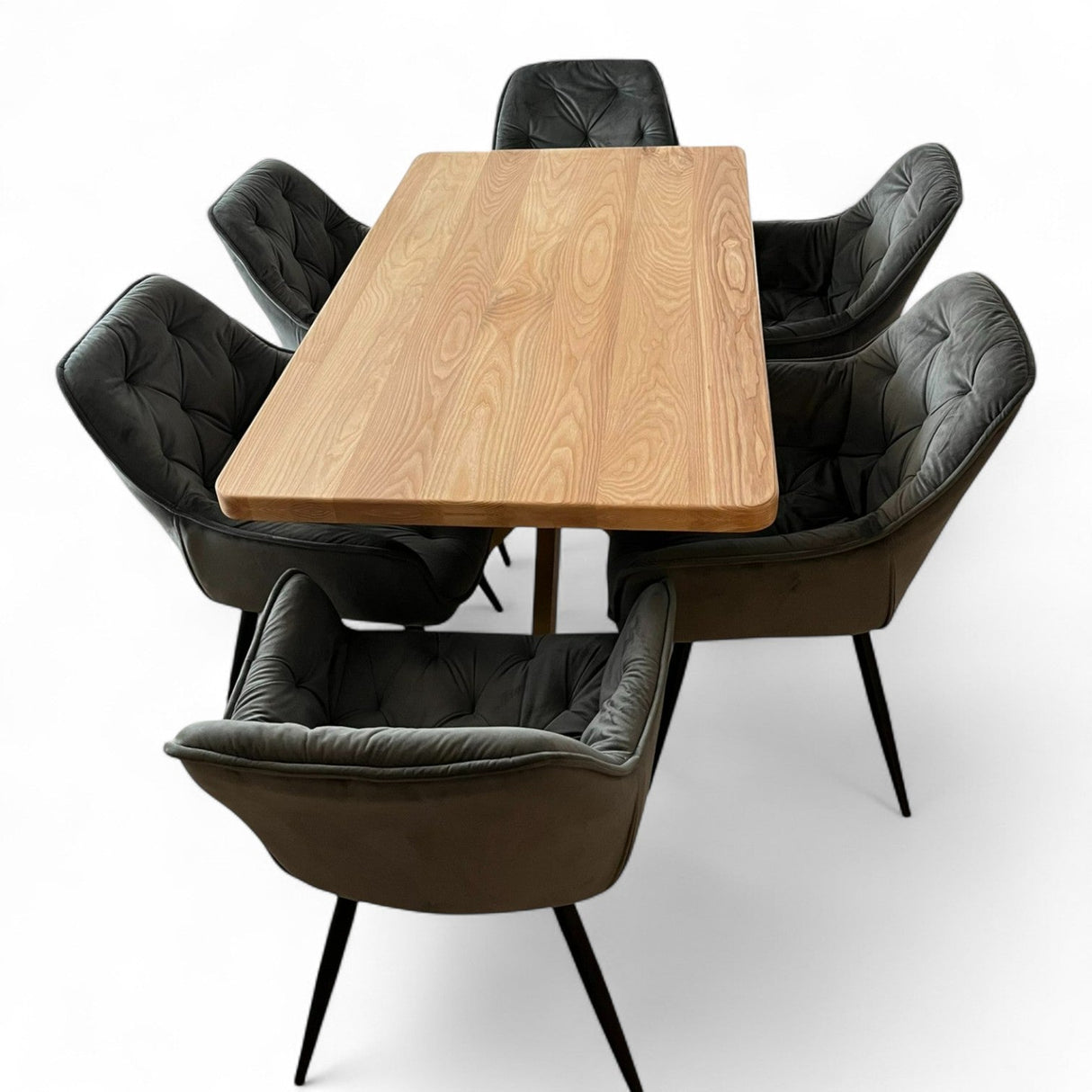 Set masa cu scaune bucatarie, dining, living, sufragerie, blat din lemn cu picioare metalice, scaune husa catifea gri, 4 persoane, Lavinia - BUZ.RO