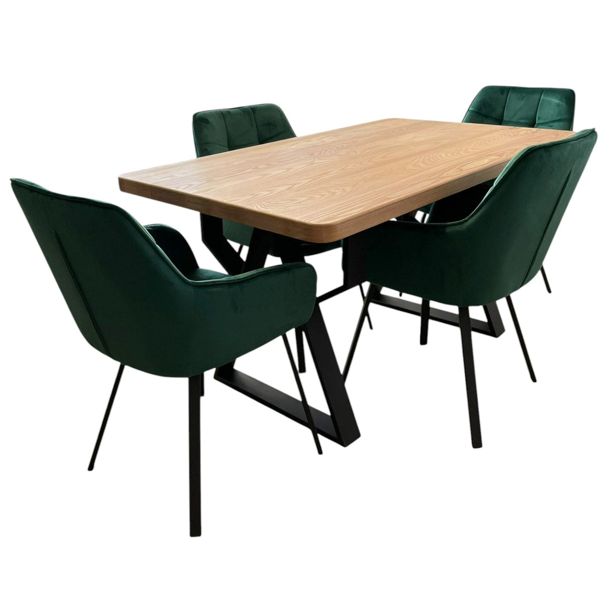 Set masa cu scaune bucatarie, dining, living, sufragerie, blat din lemn cu picioare metalice, scaune husa catifea verde, 4 persoane, MONA - BUZ.RO