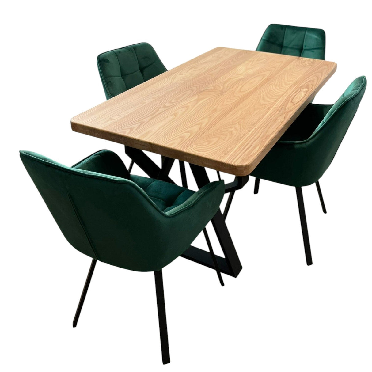 Set masa cu scaune bucatarie, dining, living, sufragerie, blat din lemn cu picioare metalice, scaune husa catifea verde, 4 persoane, MONA - BUZ.RO