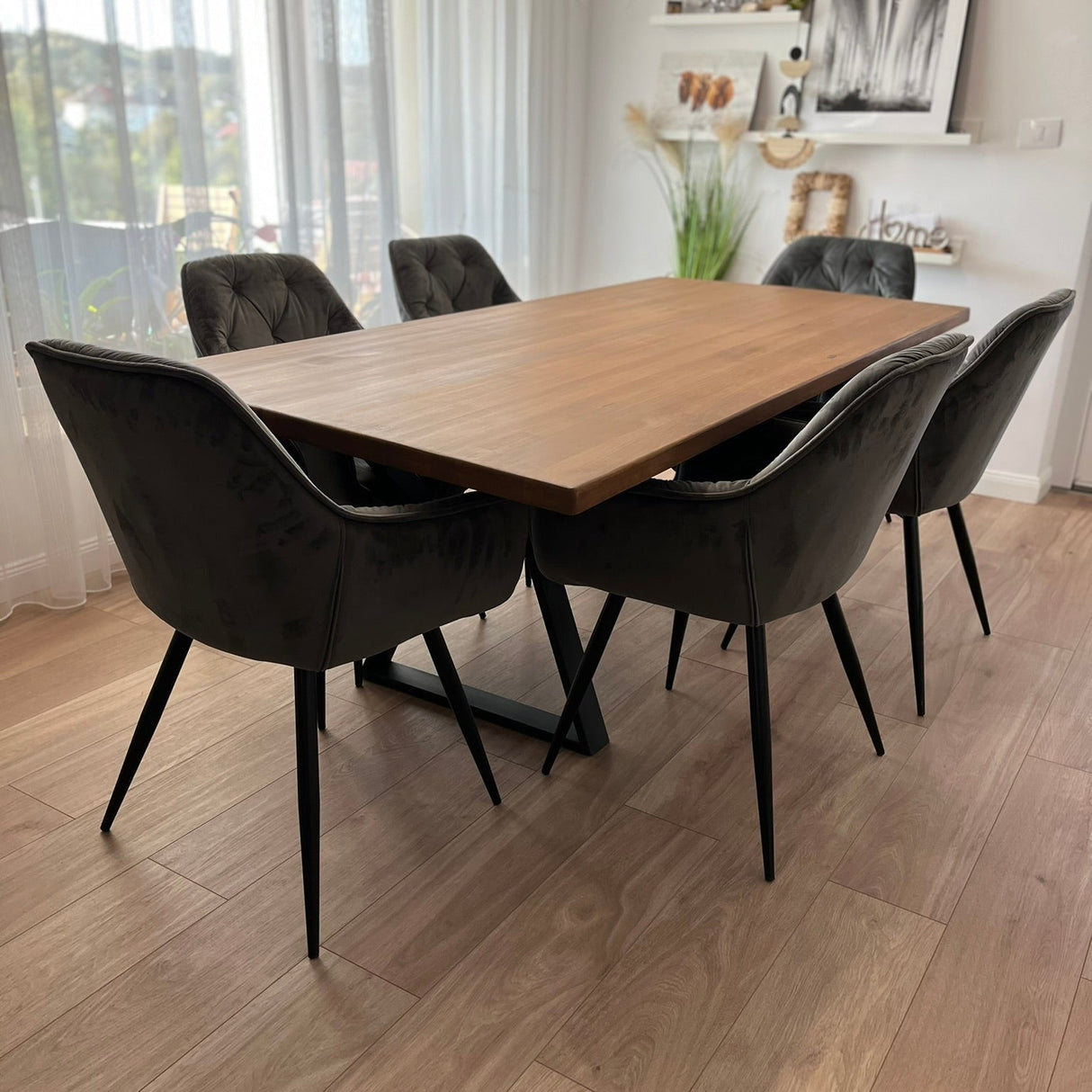 Set masa cu scaune bucatarie, dining, living, sufragerie, blat din lemn cu picioare metalice, scaune husa gri, 6 persoane, SABRINA - BUZ.RO