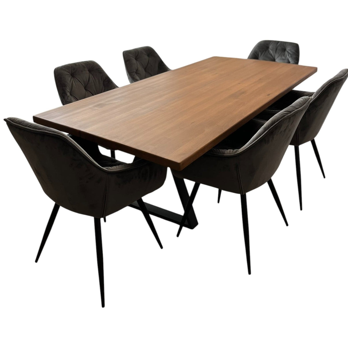 Set masa cu scaune bucatarie, dining, living, sufragerie, blat din lemn cu picioare metalice, scaune husa gri, 6 persoane, SABRINA - BUZ.RO