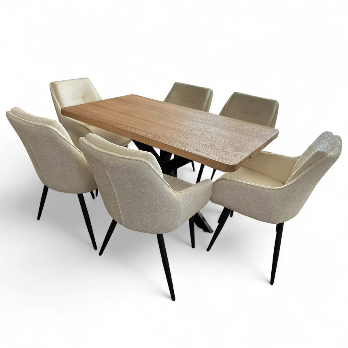 Set masa cu scaune bucatarie, dining, living, sufragerie, blat din lemn masiv cu picioare metalice, scaune husa plus crem, 6 persoane, Anisia - BUZ.RO