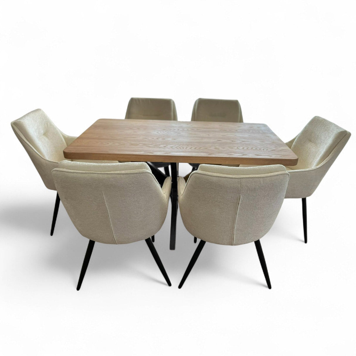 Set masa cu scaune bucatarie, dining, living, sufragerie, blat din lemn masiv cu picioare metalice, scaune husa plus crem, 6 persoane, Anisia - BUZ.RO