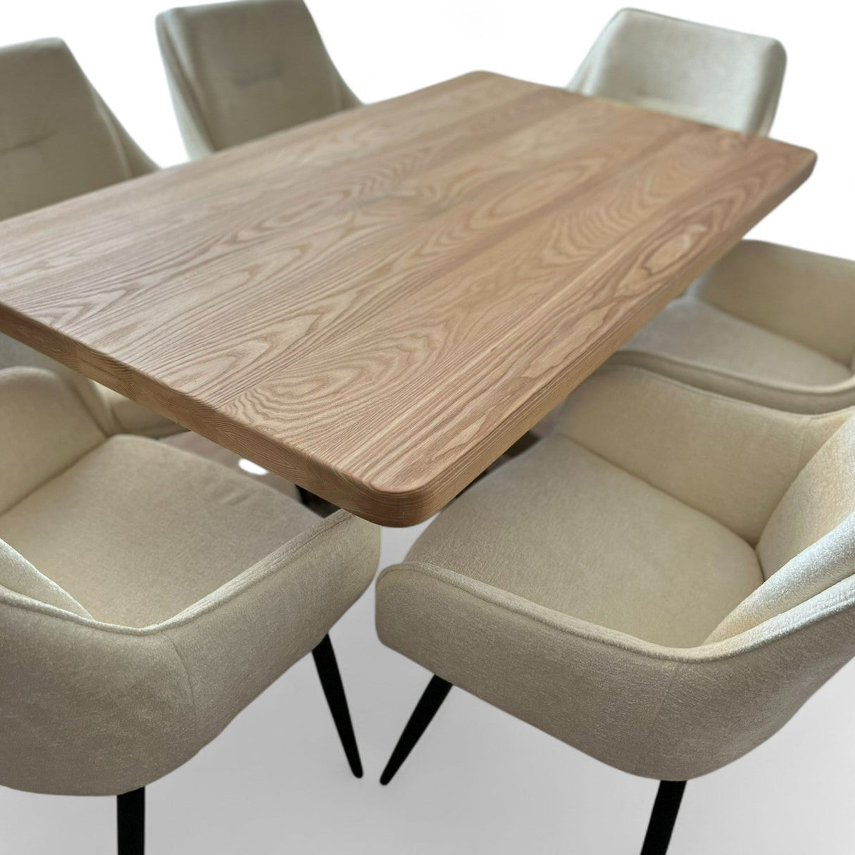 Set masa cu scaune bucatarie, dining, living, sufragerie, blat din lemn masiv cu picioare metalice, scaune husa plus crem, 6 persoane, Anisia - BUZ.RO