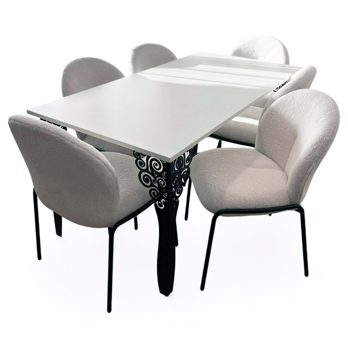 Set masa cu scaune bucatarie, dining, living, sufragerie, blat din pal cu picioare metalice negre, scaune husa plus alb, 6 persoane, Nicoleta - BUZ.RO