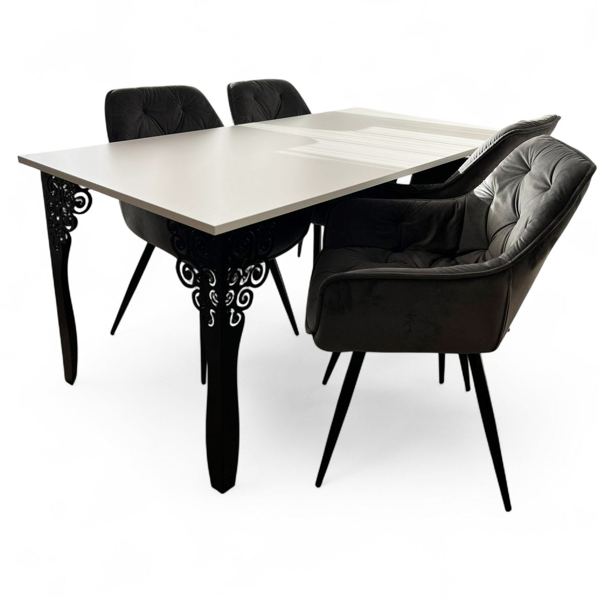 Set masa cu scaune bucatarie, dining, living, sufragerie, blat din pal cu picioare metalice, scaune husa catifea gri, 4 persoane, Antonia - BUZ.RO