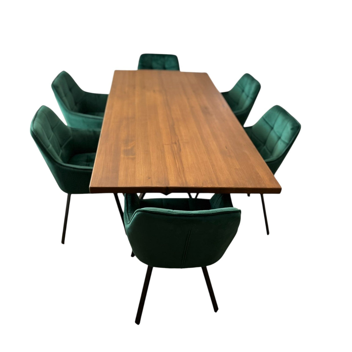 Set masa cu scaune bucatarie, dining,living, sufragerie, blat din lemn masiv cu picioare metalice moderne, scaune husa catifea verde, 6 persoane, set Maria - BUZ.RO