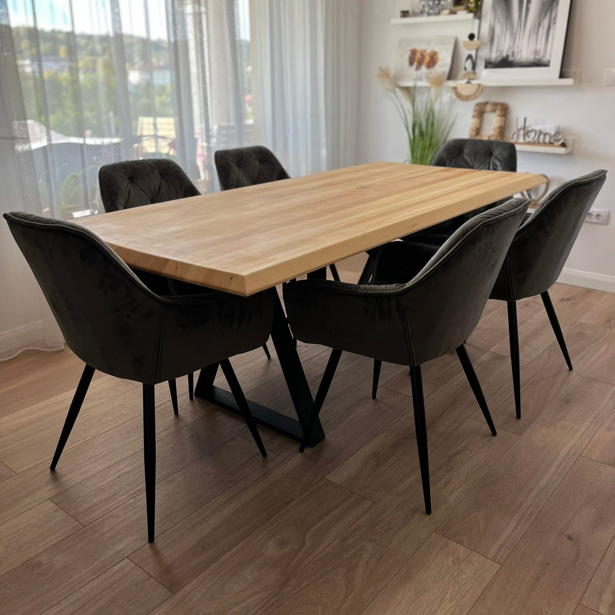 Set masa cu scaune bucatarie, dining,living, sufragerie, blat din lemn masiv cu picioare metalice moderne,scaune gri, 6 persoane, set Bianca - BUZ.RO