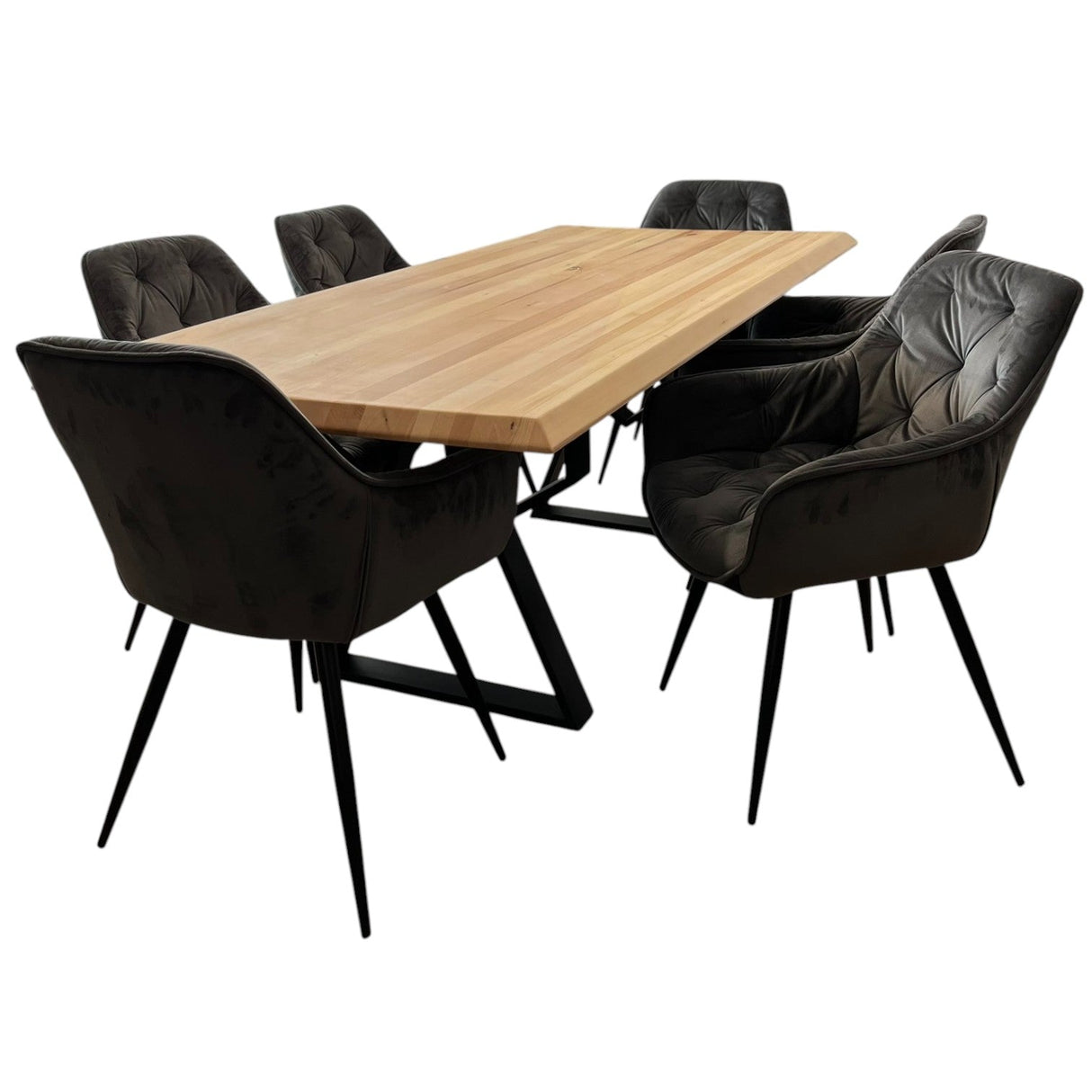 Set masa cu scaune bucatarie, dining,living, sufragerie, blat din lemn masiv cu picioare metalice moderne,scaune gri, 6 persoane, set Bianca - BUZ.RO